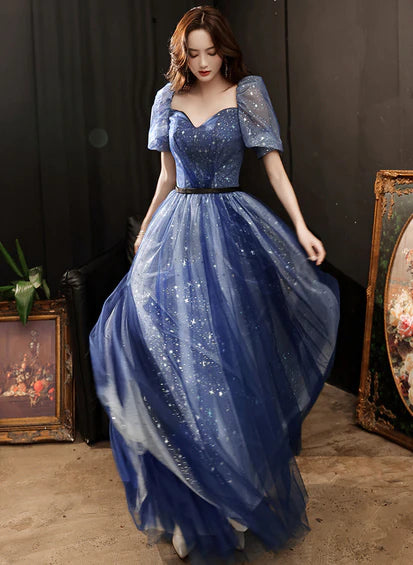 A-line Navy Blue Tulle Short Sleeves Long Party Dress